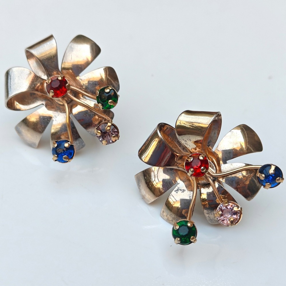 Vintage Sterling Silver Ribbon Flower Earrings Gold Tone Glass Crystal ScrewBack
